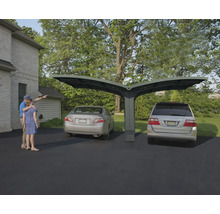 Doppelcarport mit zwei geparkten Autos und zwei Personen