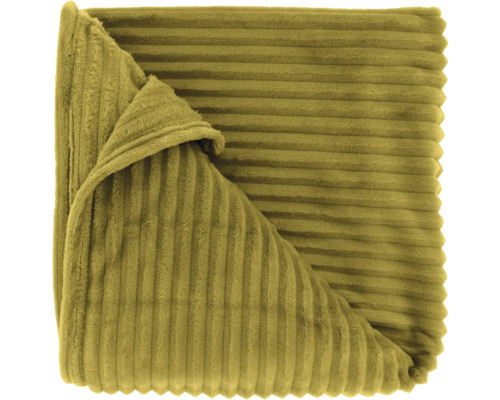 Senfgelbe Kuscheldecke mit gerippter Cord-Struktur aus weichem Material.