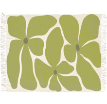 Rechteckiger Teppich mit grünem abstraktem Blumenmuster und Fransen an den Seiten.