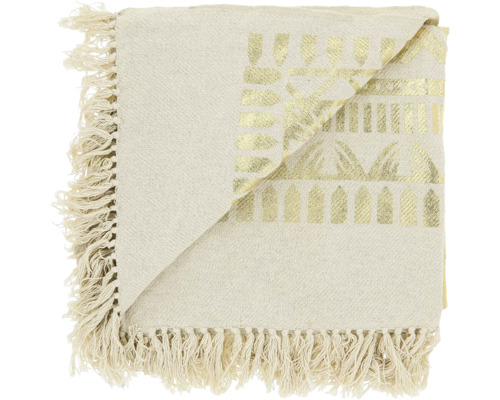 Gefaltete Wohndecke mit goldenem Ethno-Muster und Fransen an den Rändern.