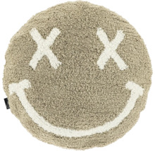 Runder Badeteppich mit Smiley-Motiv und Kreuz-Augen, weicher Hochflor in Beige und Weiß.