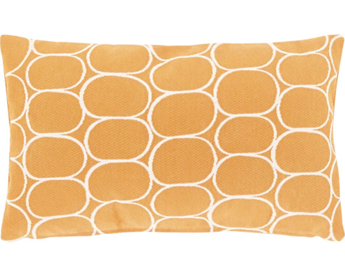 Rechteckiges Dekokissen mit weißem geometrischem Muster aus ovalen Formen auf senfgelbem Stoff.
