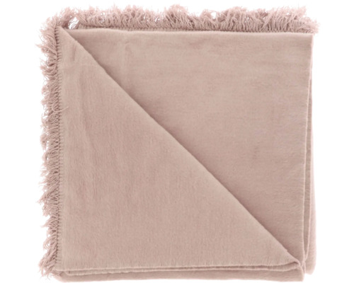 Gefaltete Wohndecke in Rosa mit Fransen am Rand, weiche Textur.