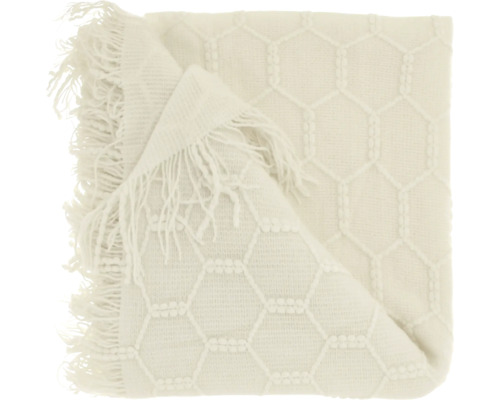 Gewebte Wohndecke mit hexagonalem Wabenmuster und Fransen.