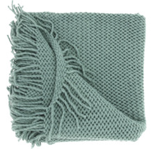 Grob gestrickte grüne Wohndecke mit dekorativen Fransen.
