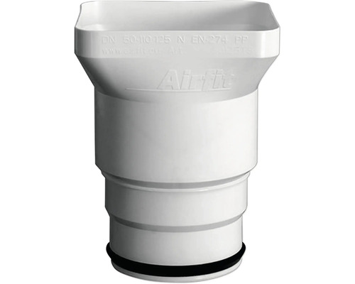Airfit Allround-Trichter Nennweite 50 auf Nennweite 110 oder 125, aus weißem Polypropylen mit Gummidichtung.
