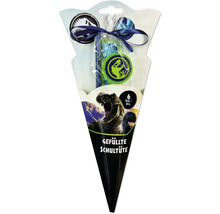 Gefüllte Schultüte 6-teilig mit Jurassic World Motiven, inklusive Schreibset mit Bleistift, Lineal und Radiergummi.
