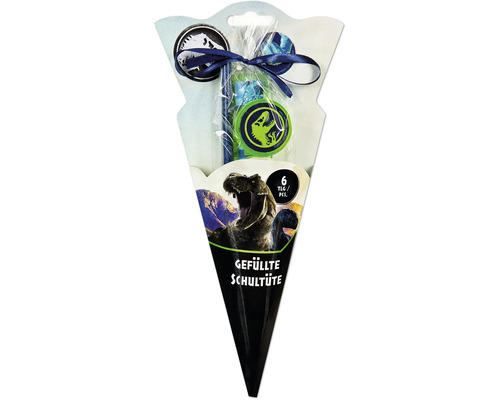 Gefüllte Schultüte 6-teilig mit Jurassic World Motiven, inklusive Schreibset mit Bleistift, Lineal und Radiergummi.