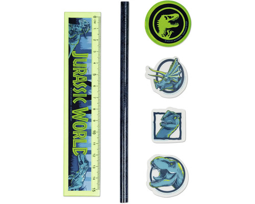 Schreibset Jurassic World mit 15 Zentimeter Lineal, Bleistift, Radiergummi und drei Aufklebern mit Dinosauriermotiven.
