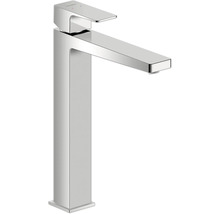 Hohe Duravit Waschtischarmatur in eckigem Design aus verchromtem Metall mit Einhebelmischer für Aufsatzwaschbecken.