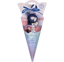 Gefüllte Disney Frozen Schultüte für Schulanfänger, 6-teilig mit Schreibutensilien wie Bleistift, Anspitzer und Radiergummi.