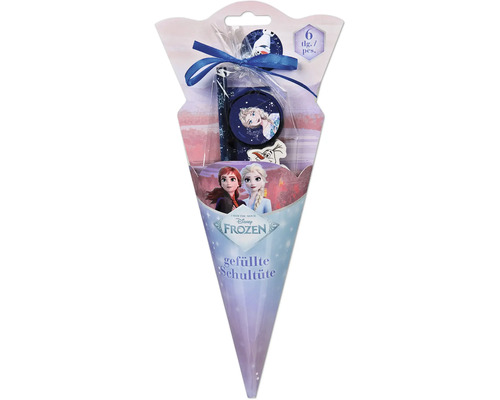Gefüllte Disney Frozen Schultüte für Schulanfänger, 6-teilig mit Schreibutensilien wie Bleistift, Anspitzer und Radiergummi.