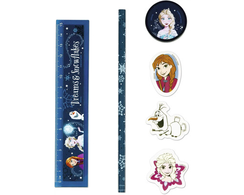 Disney Frozen Schreibset mit Lineal, Bleistift, Radiergummi und Anspitzer.