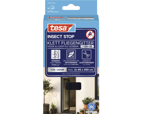 Tesa Insect Stop Klett Fliegengitter für Türen, maximale Größe 2x 65 x 250 cm