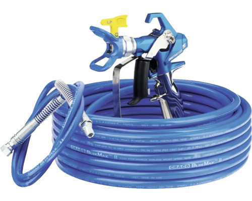 Graco Airless Farbspritzpistole mit blauem Hochdruckschlauch für professionelle Malerarbeiten.
