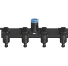 for_q 4-Wege-Wasserverteiler aus schwarzem Kunststoff mit vier einzeln regulierbaren Auslässen für die Gartenbewässerung.