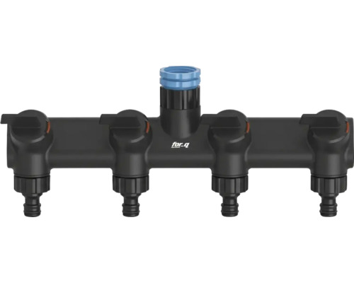 for_q 4-Wege-Wasserverteiler aus schwarzem Kunststoff mit vier einzeln regulierbaren Auslässen für die Gartenbewässerung.