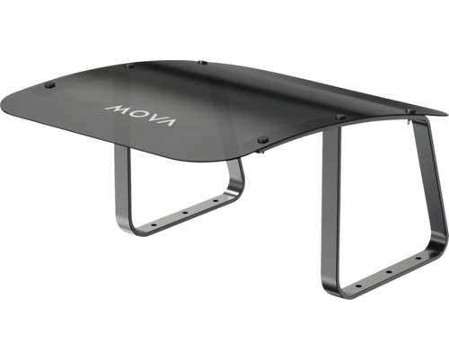 MOVA Mähroboter-Garage mit rauchgrauem Kunststoffdach und Metallgestell.