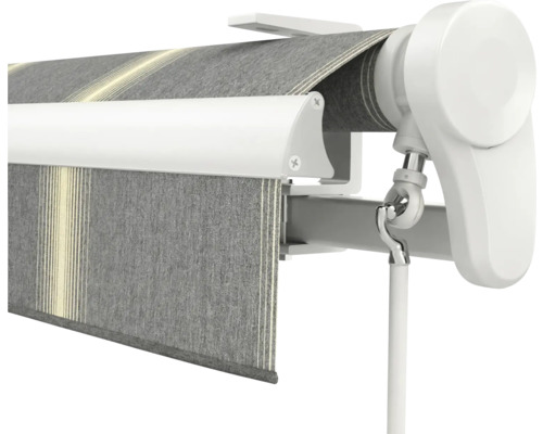 Markise mit grauem Stoff und Streifenmuster