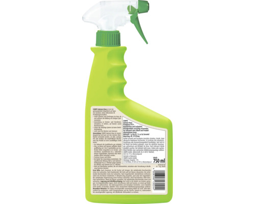 COMPO Spinnen-Raus 750 Milliliter Sprühflasche, Rückansicht des Repellents gegen Spinnen, Mücken und Ameisen auf Geraniolbasis.
