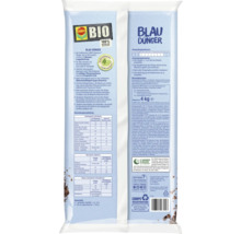 Rückseite der Verpackung von Compo Bio Blau Dünger mit Anwendungshinweisen, Dosierungstabellen für Obst und Gemüse, Inhaltsstoffen und Compo Logo.