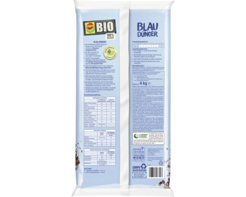Rückseite der Verpackung von Compo Bio Blau Dünger mit Anwendungshinweisen, Dosierungstabellen für Obst und Gemüse, Inhaltsstoffen und Compo Logo.