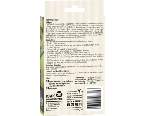 Rückseite der COMPO Gelbsticker Verpackung mit Anwendungshinweisen, Informationen zur Wirkung und Entsorgung sowie COMPO Logo.