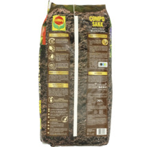Rückseite einer 70 Liter Packung Compo Sana Qualitäts-Blumenerde mit Anwendungsempfehlungen, Produktinformationen, Qualitätssiegeln und Compo Logo.