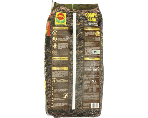 Rückseite einer 70 Liter Packung Compo Sana Qualitäts-Blumenerde mit Anwendungsempfehlungen, Produktinformationen, Qualitätssiegeln und Compo Logo.
