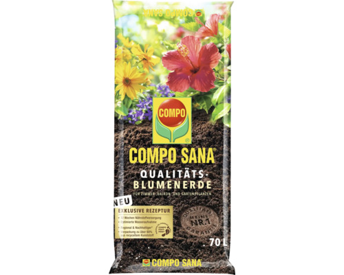 Compo Sana Qualitäts-Blumenerde 70 Liter für Zimmer-, Balkon- und Gartenpflanzen, mit 12 Wochen Nährstoffversorgung.