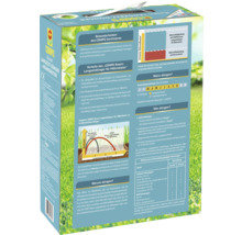 Rückseite einer 5 Kilogramm Packung COMPO Rasen-Langzeit-Dünger für Mähroboter mit Anwendungshinweisen, Düngekalender und Streuwageneinstellungen.