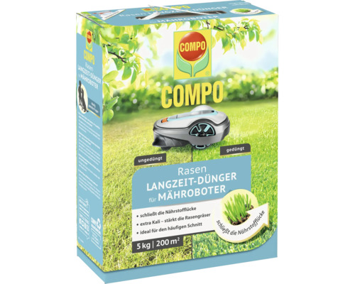 Compo Rasen Langzeit-Dünger für Mähroboter, 5 Kilogramm für 200 Quadratmeter, stärkt Gräser mit Kali, ideal für häufigen Schnitt.
