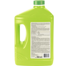 Rückseite eines grünen 3 Liter Kanisters Compo Bio Grundstoff Essig mit Anwendungshinweisen zur Unkrautbekämpfung und Werkzeugdesinfektion.