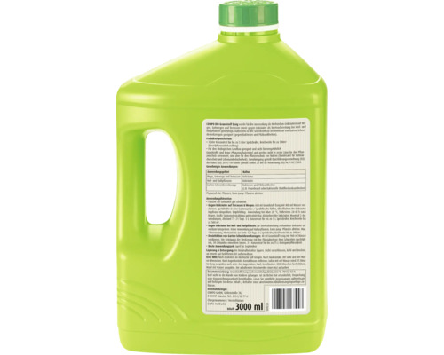 Rückseite eines grünen 3 Liter Kanisters Compo Bio Grundstoff Essig mit Anwendungshinweisen zur Unkrautbekämpfung und Werkzeugdesinfektion.
