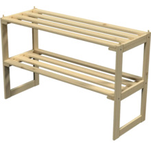 Schuhregal aus Holz mit zwei Ebenen und Lattenböden.