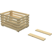 Holzkiste aus hellen Latten mit zwei zusätzlichen Holzbrettern.
