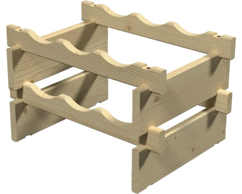 Weinregal aus Holz für sechs Flaschen, zweistöckig und stapelbar.