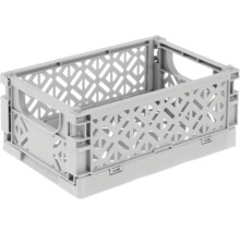 Klappbox aus grauem Kunststoff mit Gitterwänden und Griffen für Aufbewahrung und Transport.