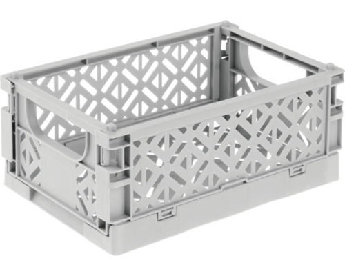 Klappbox aus grauem Kunststoff mit Gitterwänden und Griffen für Aufbewahrung und Transport.
