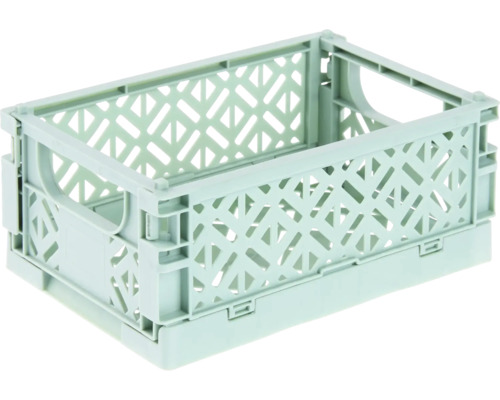 Klappbox aus Kunststoff in Hellgrün mit Gitterstruktur und seitlichen Grifföffnungen.