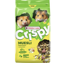 Versele-Laga Crispy Muesli Hamsterfutter mit Vitaminen und Mineralstoffen, ohne künstliche Farbstoffe, Packung mit zwei Hamstern und Futtermischung.