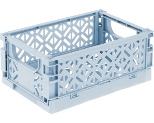 Klappbare Aufbewahrungsbox aus Kunststoff in Hellblau mit Gittermuster.