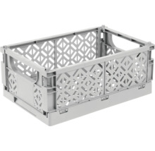 Graue faltbare Klappbox aus Kunststoff mit Gitterwänden und seitlichen Eingriffen.