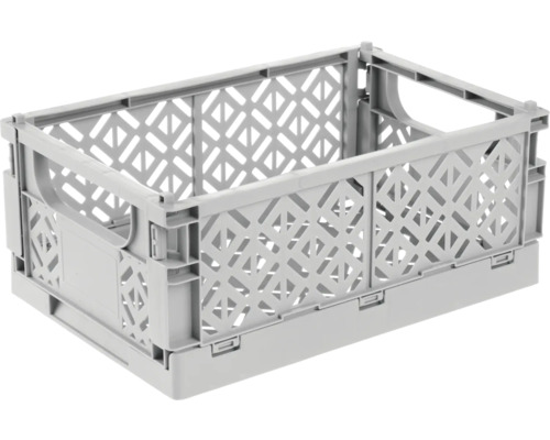 Graue faltbare Klappbox aus Kunststoff mit Gitterwänden und seitlichen Eingriffen.