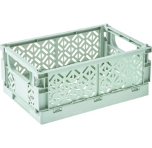 Klappbox aus hellgrünem Kunststoff mit Gitterwänden und Tragegriffen zur Aufbewahrung.