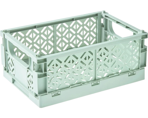 Klappbox aus hellgrünem Kunststoff mit Gitterwänden und Tragegriffen zur Aufbewahrung.