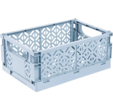 Klappbare Kunststoffkiste in Hellblau mit Gittermuster und seitlichen Tragegriffen.