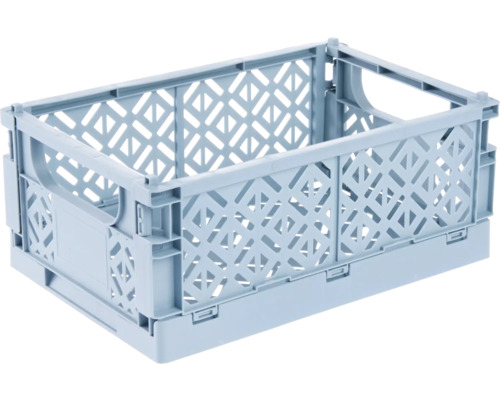 Klappbare Kunststoffkiste in Hellblau mit Gittermuster und seitlichen Tragegriffen.