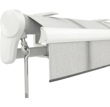 Markise mit weißem Gehäuse, hellgrauem Stoff und Handkurbel-Anschluss für manuellen Sonnenschutz.