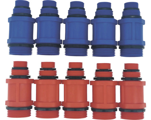 Set aus 10 Schlauchverbindern aus Kunststoff, fünf blau und fünf rot, mit Außengewinde und schwarzen Dichtungsringen.